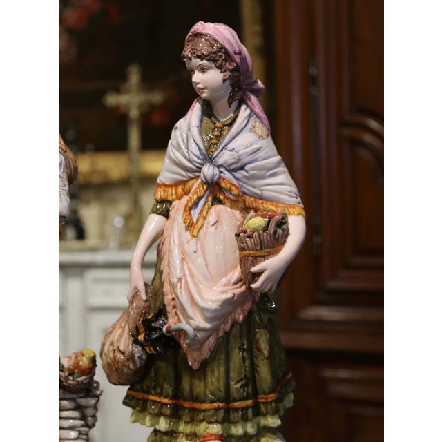 Pair of 20th Century Italian Hand-Painted Porcelain Figurine Statues For Sale - Image 4 of 12