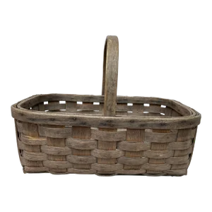 Early 20th Century Small Antique Hand Crafted Oak Splint Wood Gathering Basket With Handle