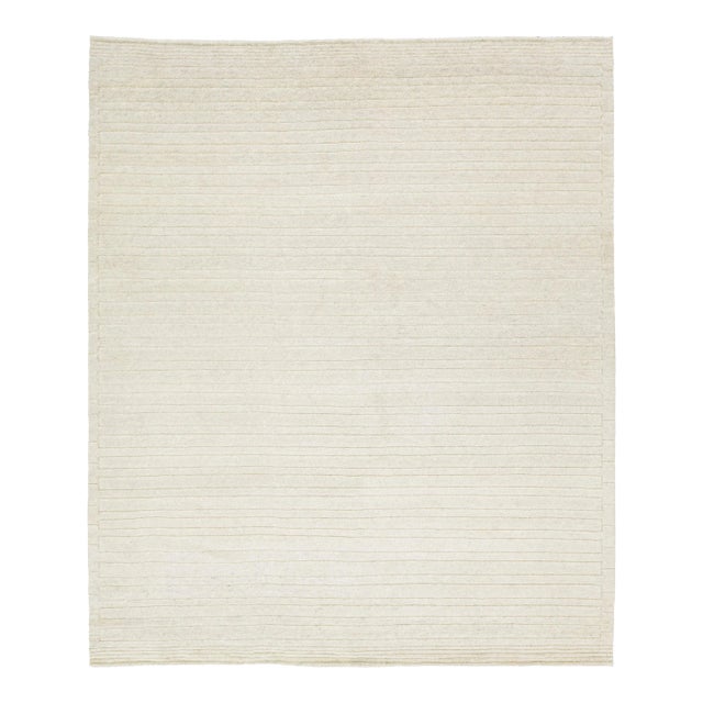 Ivory Moroccan Style Contemporary Wool Rug With a Striped Pattern by Apadana For Sale