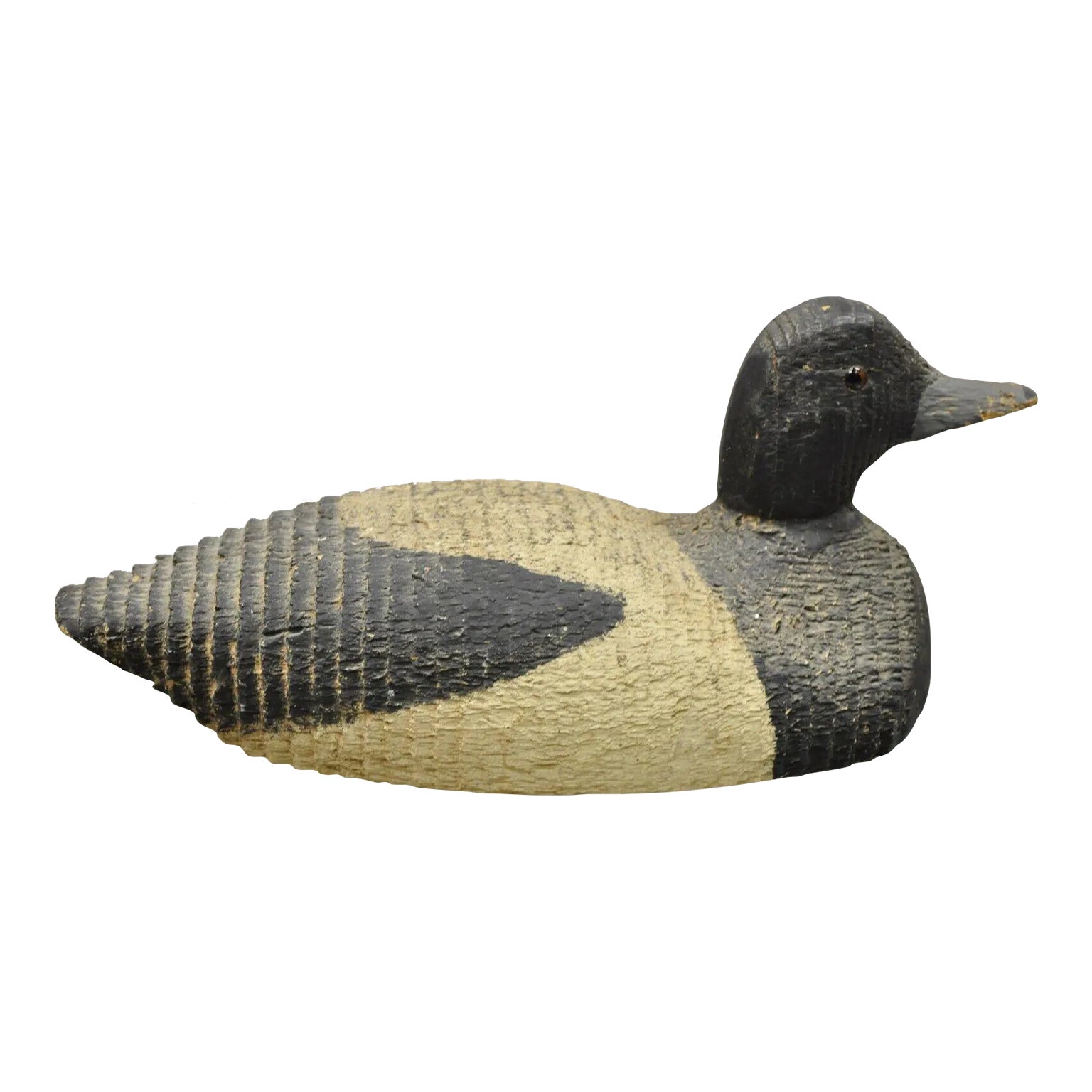 Antique Carved Wood Wooden Black and White 13" Mallard Duck Decoy Glass