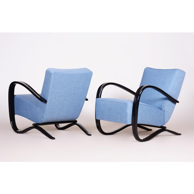 Blue Art Deco Czechoslovakian Lounge Chairs in Beech by Jindřich Halabala for Up Závody, 1930s, Set of 2 For Sale - Image 8 of 18