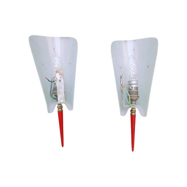 Gold Vintage Wall Lights with Textured Shades and Red Details, 1950s, Set of 2 For Sale - Image 8 of 11