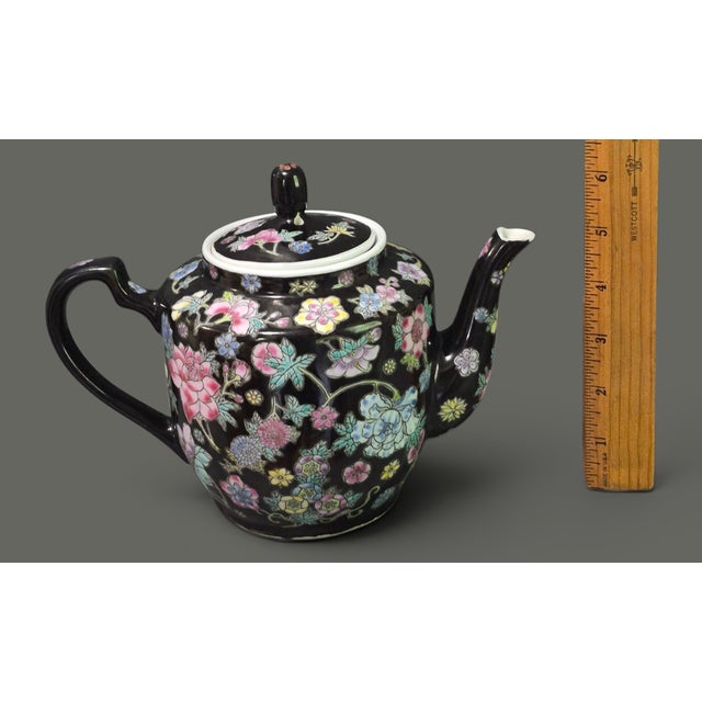 Vintage Famille Noire Jingdezhen China Millefleur Painted Enamel Tea Pot For Sale - Image 4 of 11