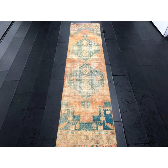 1960s Turkish Oushak Peach and Teal Pastel Handmade Runner Rug - 2′9″ × 11′7″ For Sale - Image 5 of 11