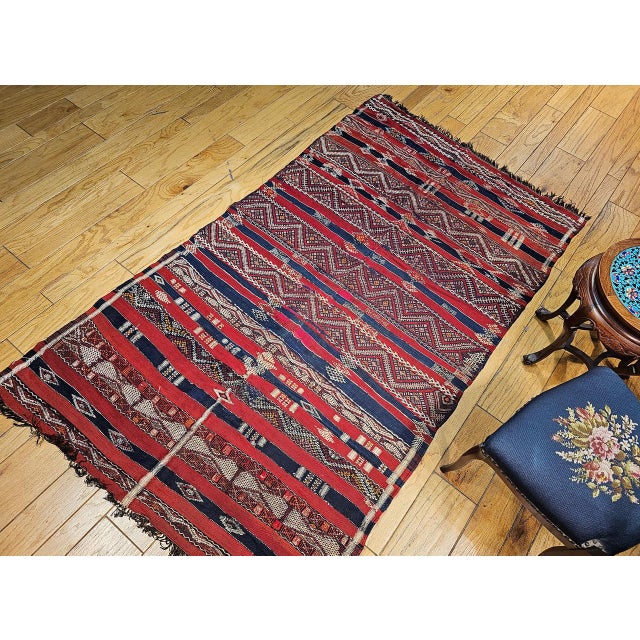 Textile Vintage Moroccan Tribal Kilim Rug, Handwoven Wool, Stripe Pattern, Red & Blue, 5x8 For Sale - Image 7 of 18