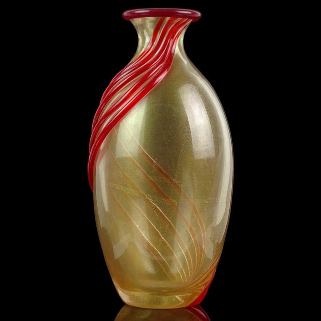 Murano Seguso Signed Vintage Red Bands Heavy Gold Flecks Italian Art Glass Decorative Flower Vase For Sale In Orlando - Image 6 of 9
