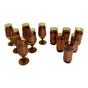 Set of 12 Handblown Amber Glass Leather Wrapped Aperitif Liquour Glasses