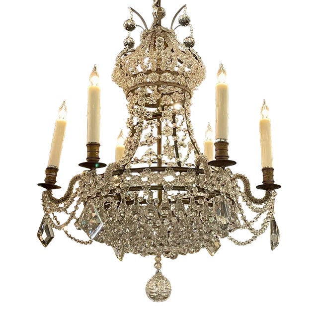 Vintage French Bagues Manner Bronze and Beaded 6 Light Chandelier For Sale