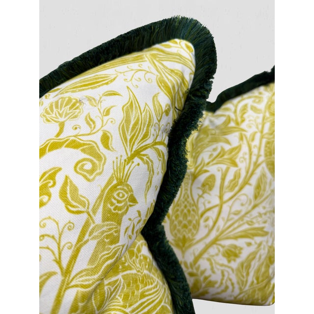 Clark & Clark Citrus and Green Brush Fringe Custom Made Pillow Pair For Sale - Image 9 of 9