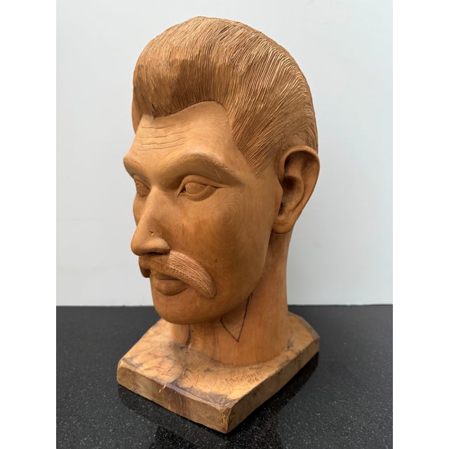 1960s Folk Art Americana Barbershop Carved Wood Bust of a Man For Sale In Detroit - Image 6 of 12