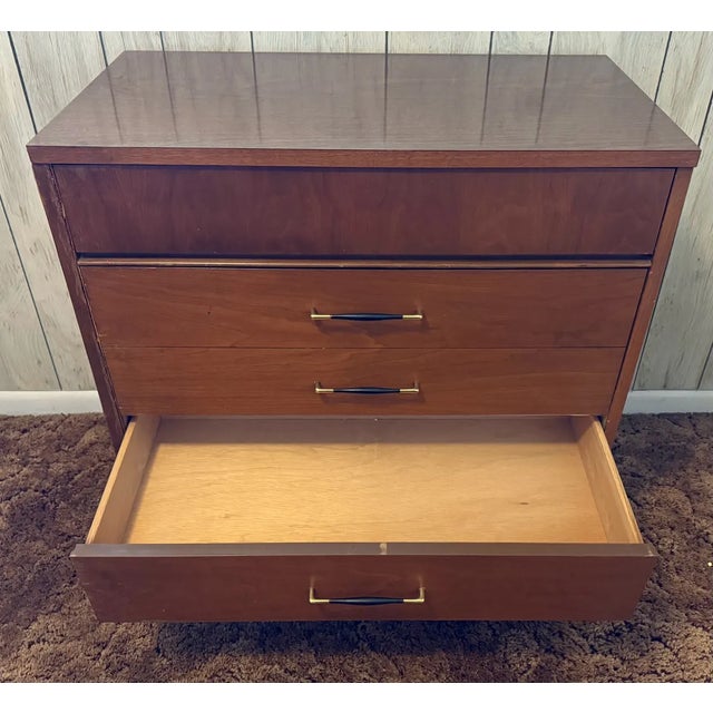 Vintage Mid-Century Modern Walnut 3-Drawer Lowboy Dresser With Brass-Capped Legs and Stylish Black-Gold Handles For Sale In Baltimore - Image 6 of 16