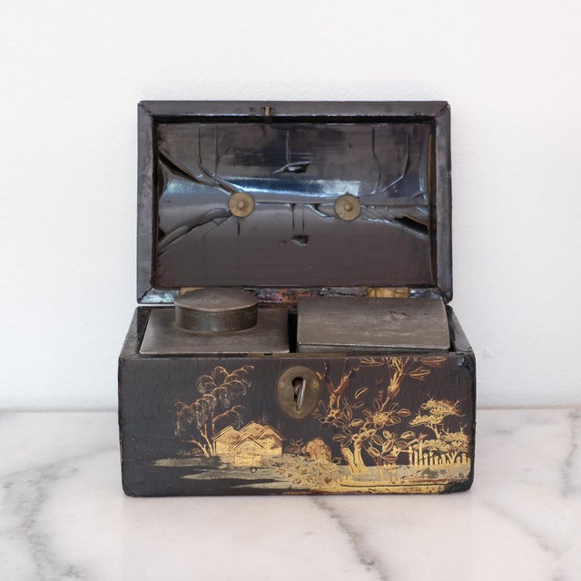 Antique Chinese Export Black Lacquered Tea Caddy Box For Sale - Image 4 of 6