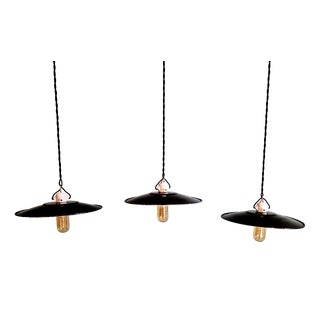 Vintage Industrial Pendant Lights in Black Enameled Sheet Metal, 1940s, Set of 3 For Sale
