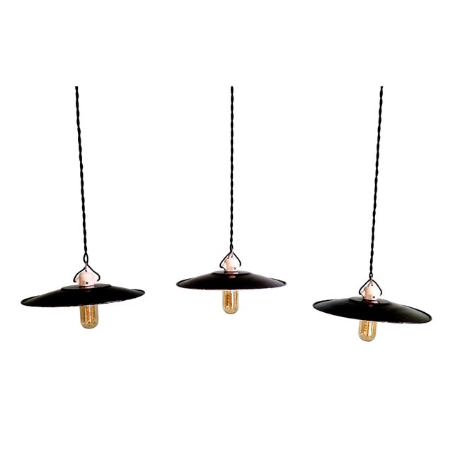 Vintage Industrial Pendant Lights in Black Enameled Sheet Metal, 1940s, Set of 3 For Sale