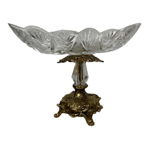Antique Crystal SawTooth Cut Fruit Bowl on Brass Pedestal