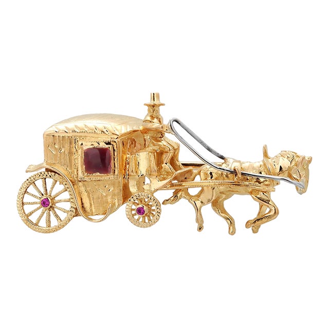 Vintage 18 Karat Yellow Gold Gem Set ‘Horse and Carriage’ Brooch For Sale