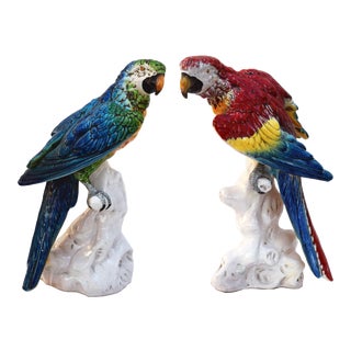Vintage Mid Century Hollywood Regency Italian Ceramic Parrot / Macaw Statues- a Pair For Sale