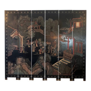 Monumental Antique Chinese Double-Sided Black Lacquer Six-Panel Screen For Sale