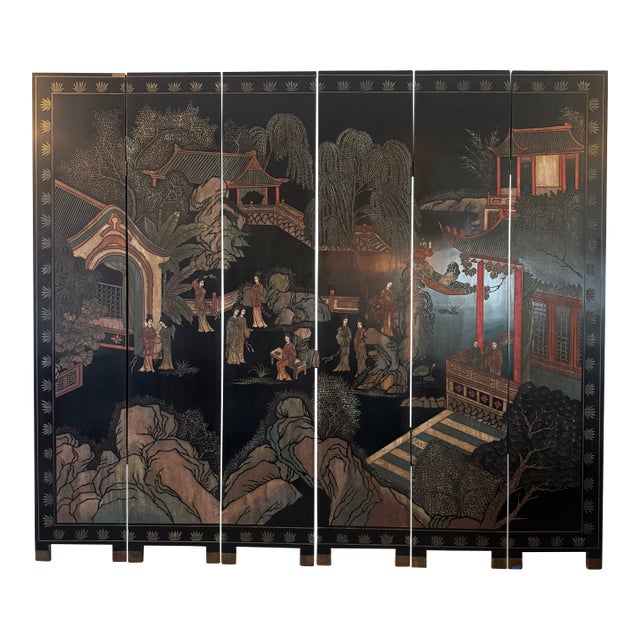Monumental Antique Chinese Double-Sided Black Lacquer Six-Panel Screen For Sale