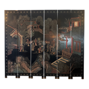 Monumental Antique Chinese Double-Sided Black Lacquer Six-Panel Screen