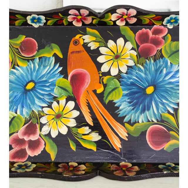 1930s Hand Painted Mexican Folk Art Tray With Polychrome Flowers and Bird For Sale - Image 6 of 16