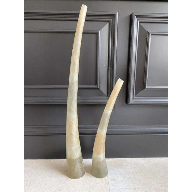 Tall exceptional modernist objects of striated ombre in neutral tones of taupe, oatmeal and grey, by Luisa Robinson....