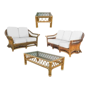 1930s Art Deco "President" Stick Reed Rattan Fan Back Living Room Furniture Set- 4 Pieces