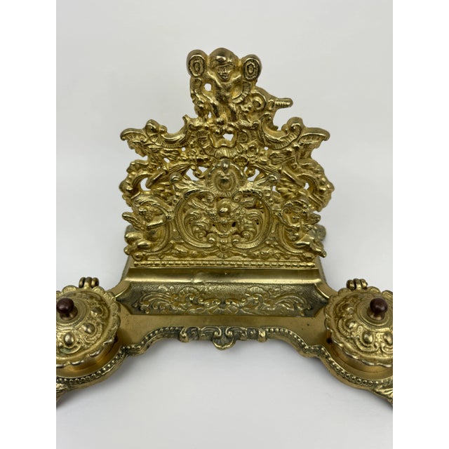 Hollywood Regency 1960s Ornate Brass Double Inkwell With Letter Organizer For Sale - Image 3 of 12
