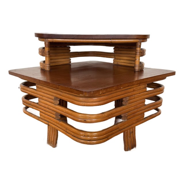 Vintage Paul Frankl-Style Two-Tiered Rattan Side Table For Sale