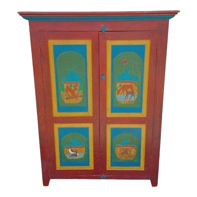 Late 20th Century Country Farmhouse Red & Blue Forest Carved Wardrobe Tv Entertainment Cabinet For Sale