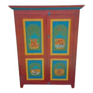Late 20th Century Country Farmhouse Red & Blue Forest Carved Wardrobe Tv Entertainment Cabinet
