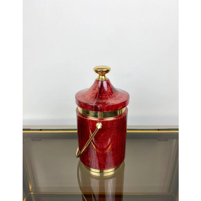 Red Goatskin & Brass Ice Bucket by Aldo Tura, Italy, 1960s For Sale - Image 3 of 13