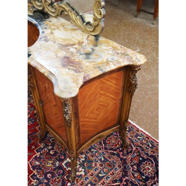 1920s French Louis XV Style Walnut and Satinwood Inlaid Marble Top Vanity Circa 1920's For Sale - Image 5 of 14