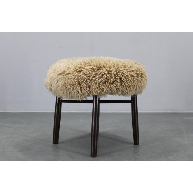 1950s Wooden Stool with Sheepskin Upholstery, 1950s For Sale - Image 5 of 10