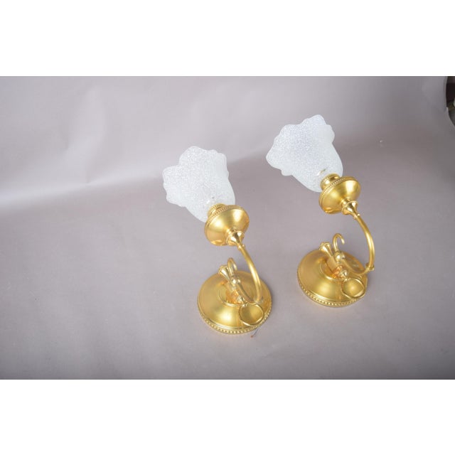 Brass Wall Sconces with Frosted Textured Tulip Glass Shades, 1950s, Set of 2 For Sale - Image 12 of 15