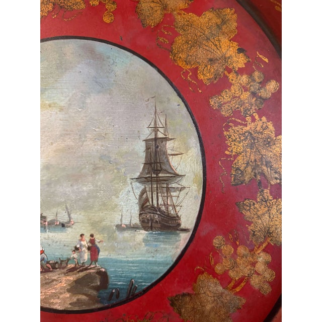 Metal 19th Century French Hand-Painted Tole Tray With Harbor Scene For Sale - Image 7 of 8