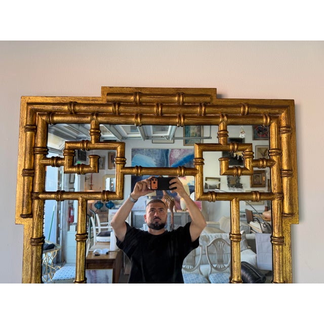 1970s 1970’s La Barge Hollywood Regency Faux Bamboo Gilt Greek Key Wall Mirror For Sale - Image 5 of 12