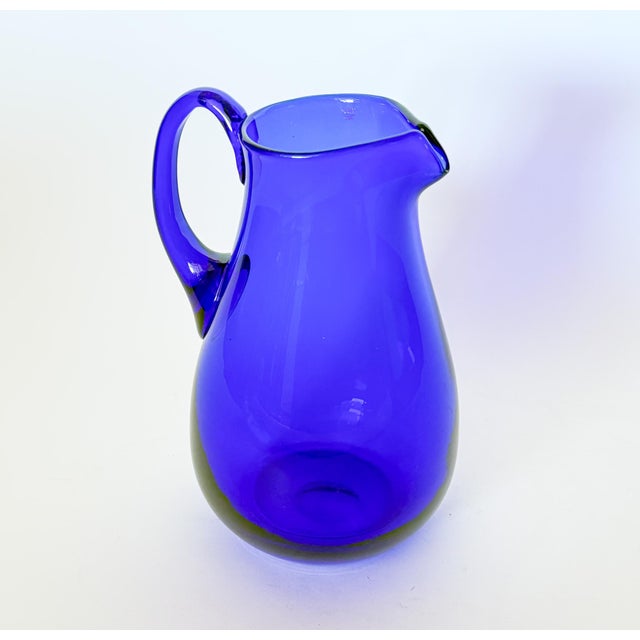Contemporary Cobalt Blue Artisan Blown Glass Pitcher For Sale - Image 3 of 9