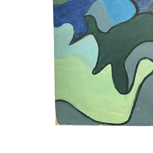 Textile Vintage Abstract Geometric Acrylic Painting on Canvas Board in Blue and Green Tones.. For Sale - Image 7 of 10