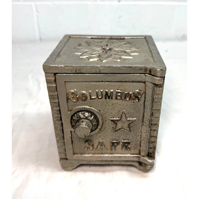 Antique Original 1900s Cast Iron Columbus Star Safe Lock Deposit Coin Still Bank For Sale - Image 4 of 12