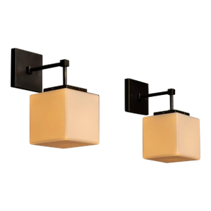 1940s Pair Vintage Art Deco Light Old Lamp Wall Sconces Fixture Brass & Cube Milk Glass Shade Ship Light