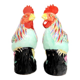Pair of Vintage Chinese Export Porcelain Cockerels For Sale
