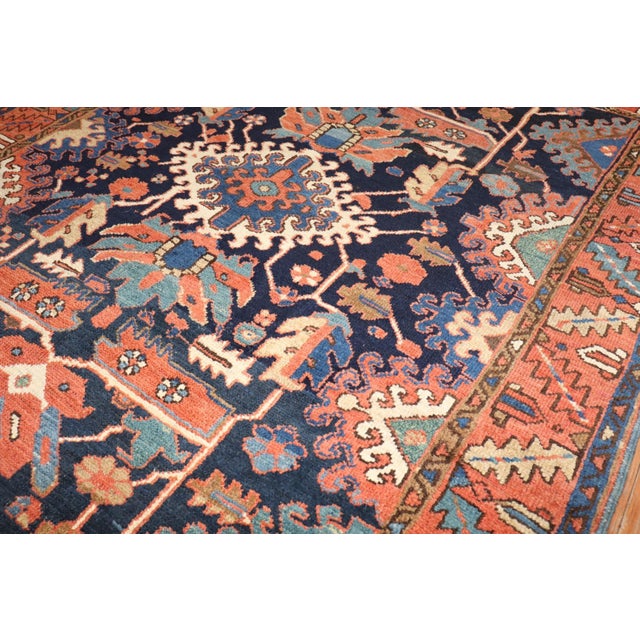 Persian Zabihi Collection Antique Persian Square Navy Geometric Heriz Rug - 5' x 5'8" For Sale - Image 3 of 8