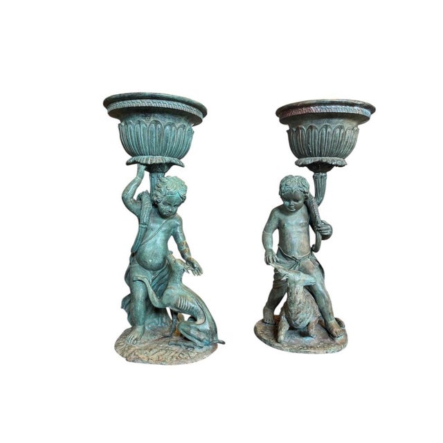 Forest Green Flowerpots with Cherubs and Animals, 1970s, Set of 2 For Sale - Image 8 of 8