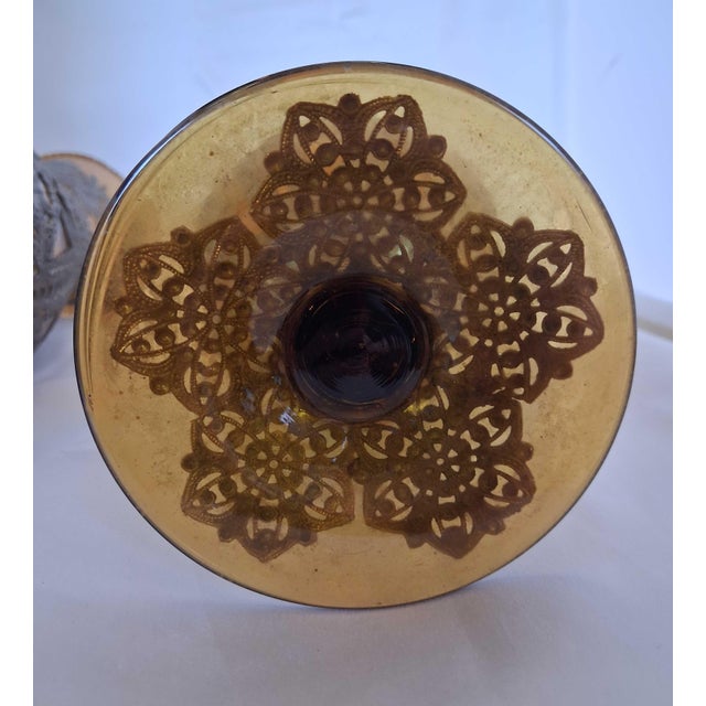 Pair of Antique Bohemian Amber Glass Vases With Elaborate Silver-Plated Filigree & Imperial Double-Headed Eagle Mounts (C. 1900) For Sale - Image 9 of 12