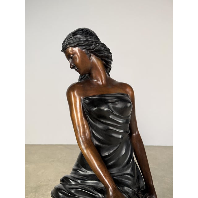 Rustic European Large Classical Bronze Sculpture of Seated Woman With Flowers - 32” H For Sale - Image 3 of 11