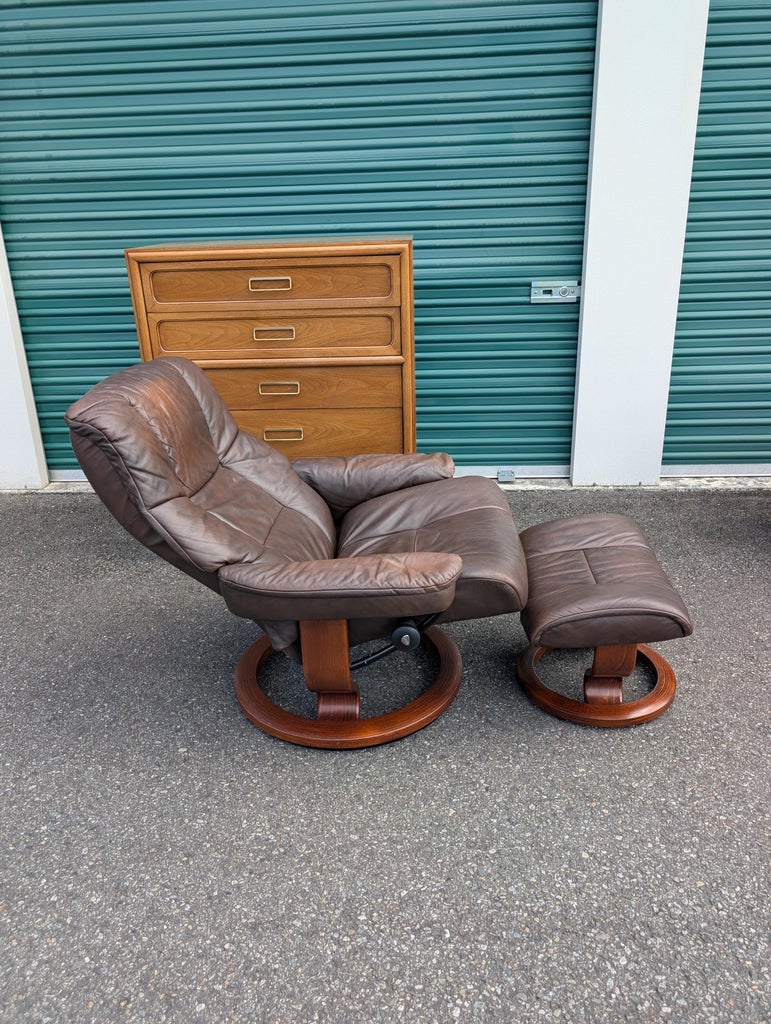 Vintage Ekornes Stressless Brown Leather Recliner and Ottoman