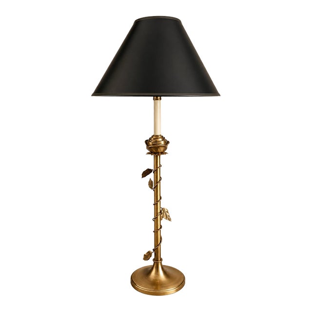 Vintage Brass Rose Table Lamp Twisted Vine Black Tole Shade Hollywood Regency For Sale