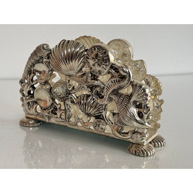 1990s Vintage Godinger Seashell Seahorse Starfish Napkin Holder Silver Plate For Sale - Image 5 of 8