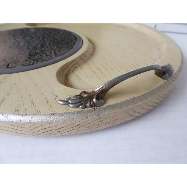 Vintage Georges Briard Ceruse Oak Finish W. Ceramic "Silver Damask" Tile Cheese Board 1969 For Sale In Miami - Image 6 of 10